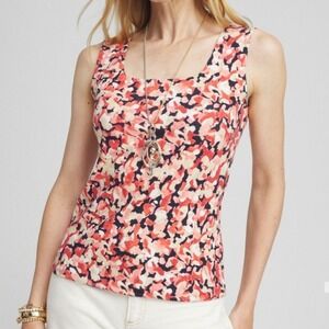 Chico's Abstract Square Neck Tank Basic‎ Knit Sleeveless Sz 4/XXL Coral Zinnia